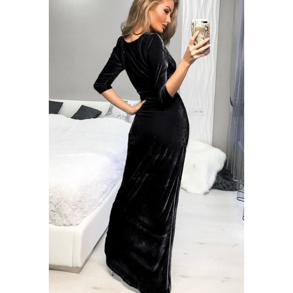 Black Deep V Neck Ruched Side Slit Party Velvet Dress