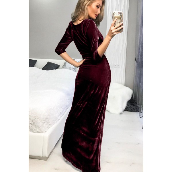 Red Deep V Neck Ruched Side Slit Party Velvet Dress