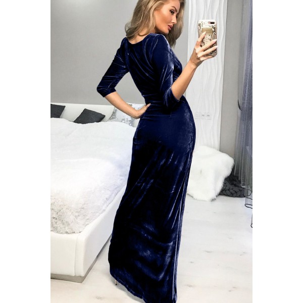Blue Deep V Neck Ruched Side Slit Party Velvet Dress