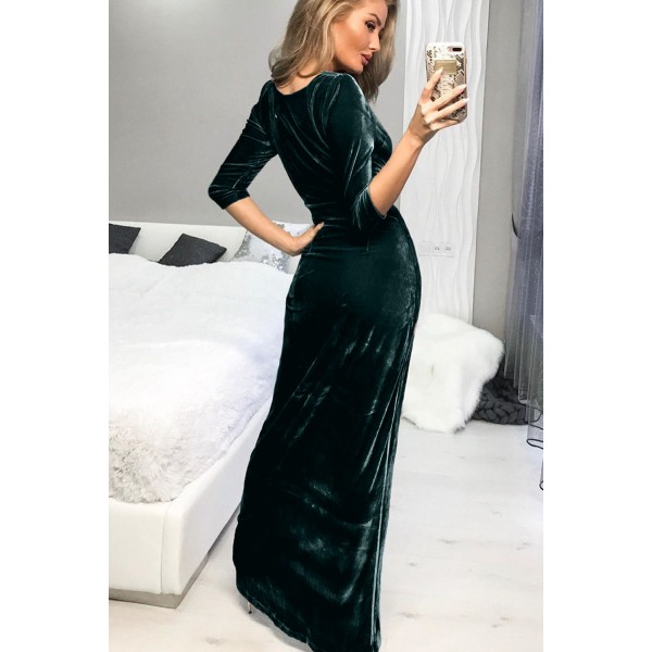 Green Deep V Neck Ruched Side Slit Party Velvet Dress