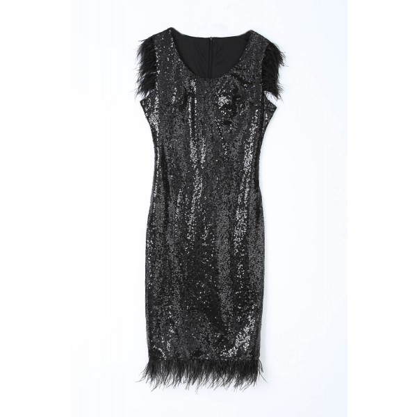 Elegant Sequined Feather Little Black Dress