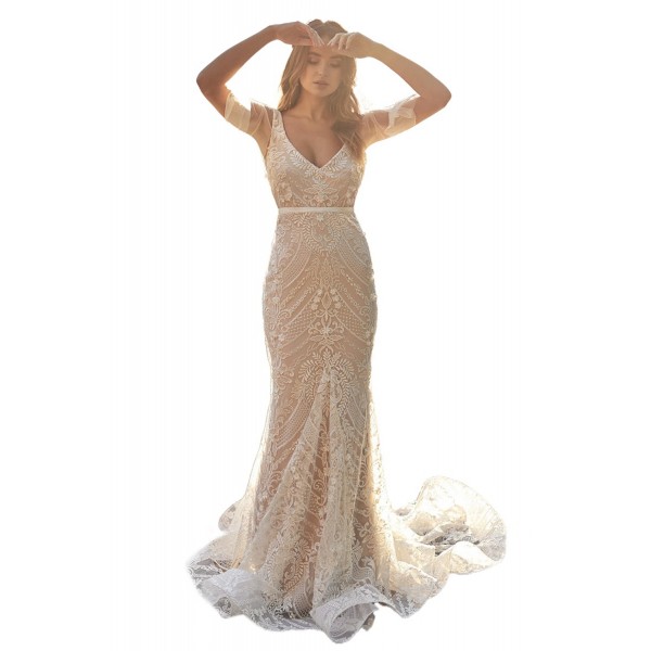 Sexy V Neck Botanical Lace Wedding Party Dress