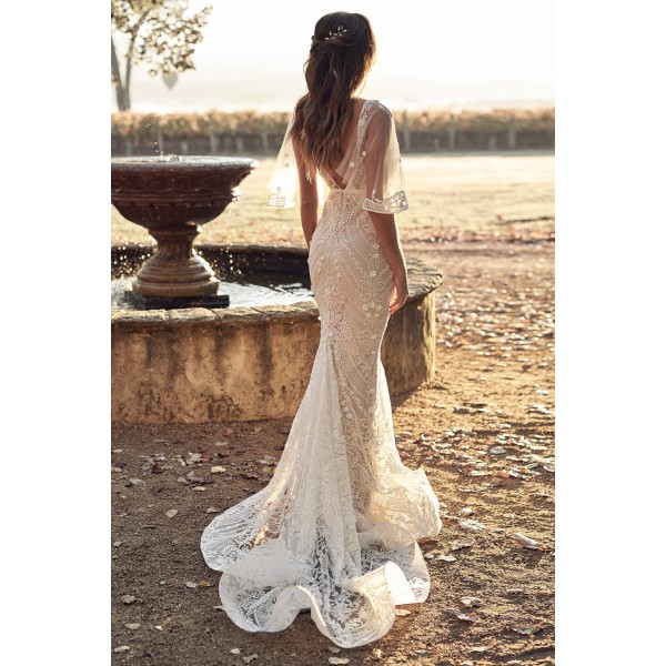 Sexy V Neck Botanical Lace Wedding Party Dress