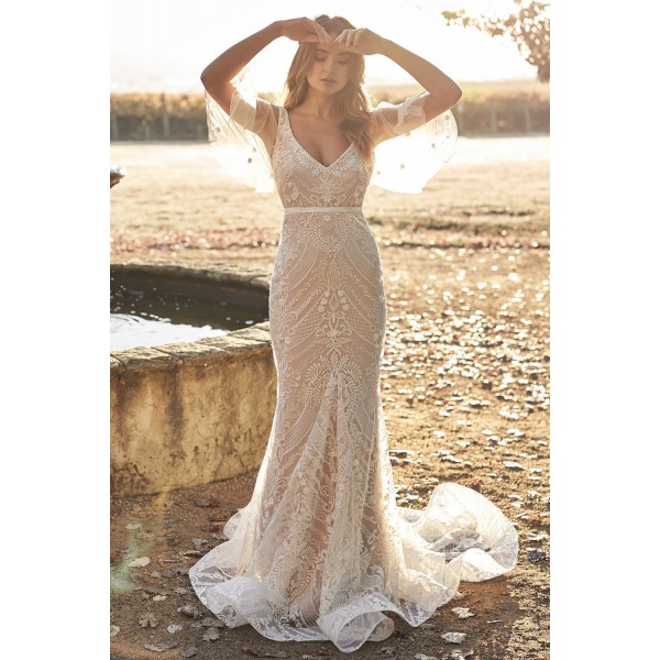 Sexy V Neck Botanical Lace Wedding Party Dress