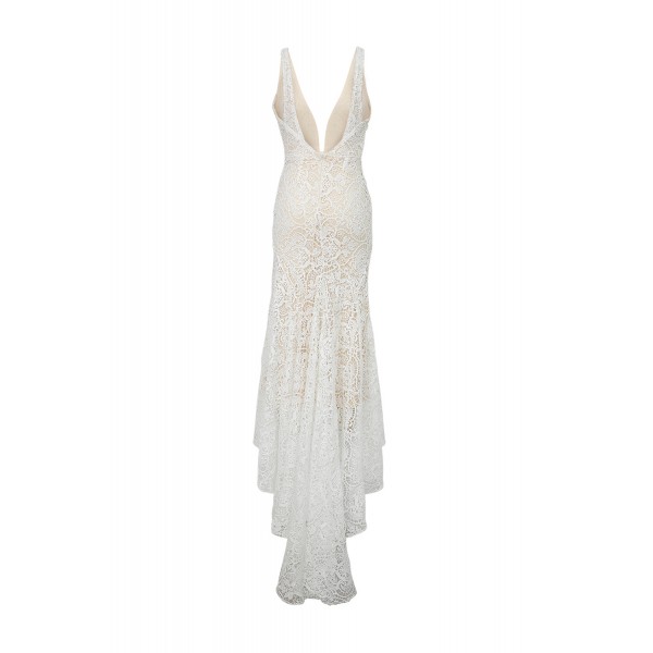 White V-neck Backless Lace Wedding Sweeping Floor Evening Dress