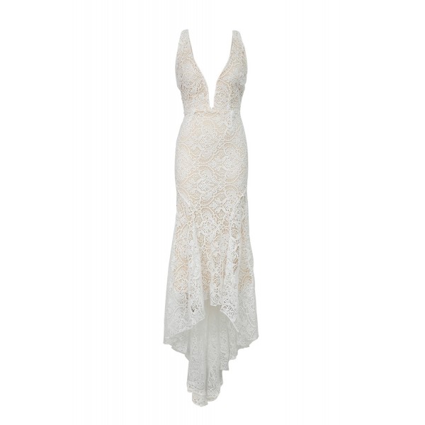 White V-neck Backless Lace Wedding Sweeping Floor Evening Dress