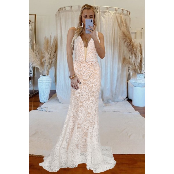 White V-neck Backless Lace Wedding Sweeping Floor Evening Dress
