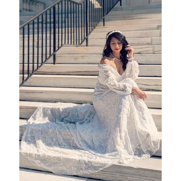 White Bishop Sleeves Embroidered Lace Wedding Evening Dress