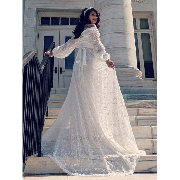 White Bishop Sleeves Embroidered Lace Wedding Evening Dress