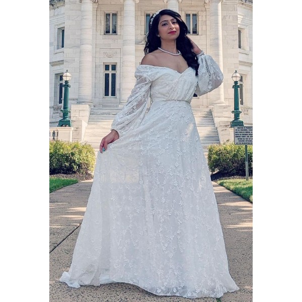 White Bishop Sleeves Embroidered Lace Wedding Evening Dress