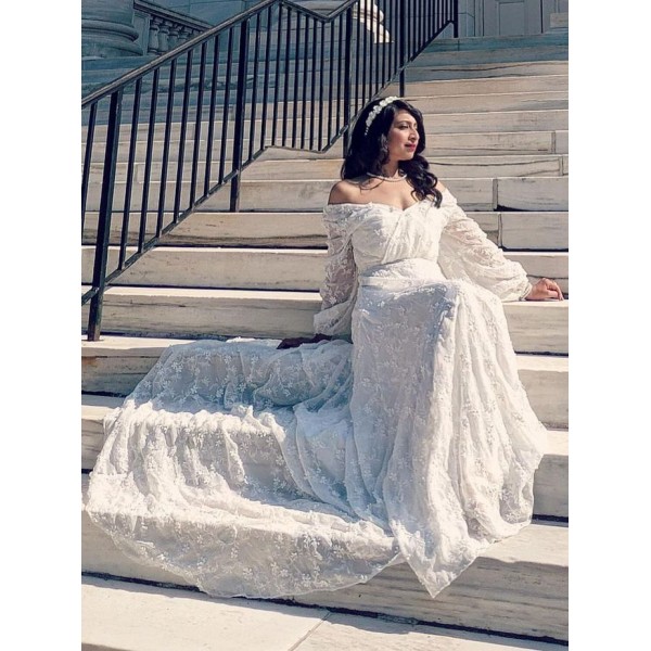 White Bishop Sleeves Embroidered Lace Wedding Evening Dress