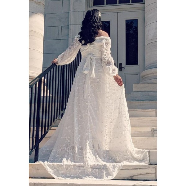 White Bishop Sleeves Embroidered Lace Wedding Evening Dress