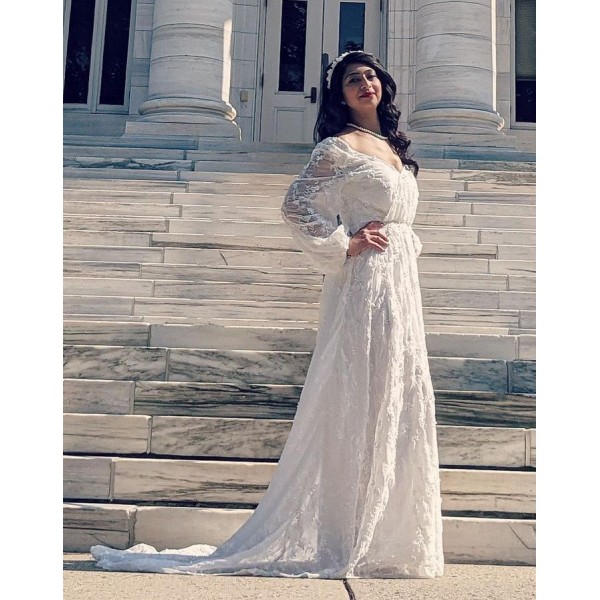 White Bishop Sleeves Embroidered Lace Wedding Evening Dress