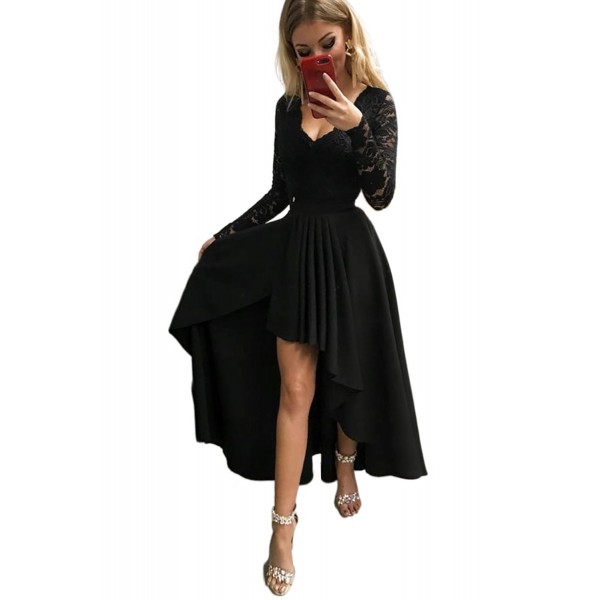 Black V-neck Lace Backless High and Low Hem Evening Dress
