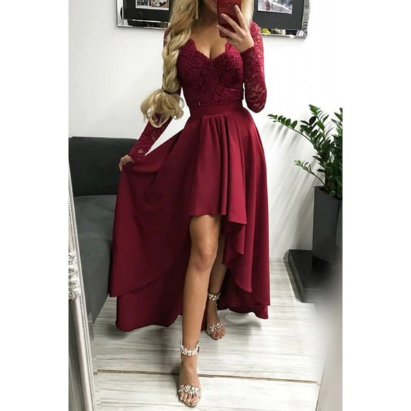 Red V-neck Lace Backless High and Low Hem Evening Dress