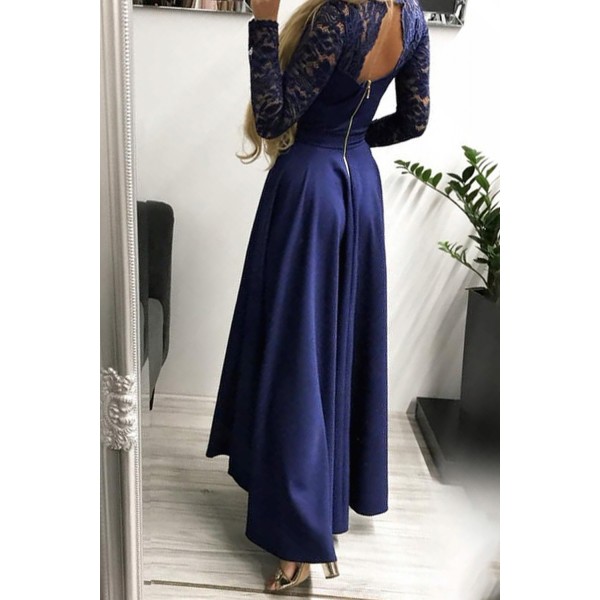 Dark Blue V-neck Lace Backless High and Low Hem Evening Dress