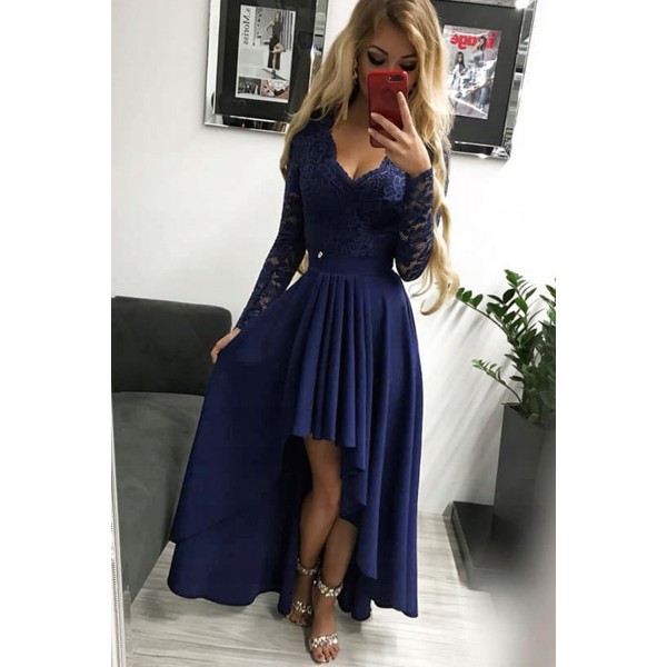 Dark Blue V-neck Lace Backless High and Low Hem Evening Dress