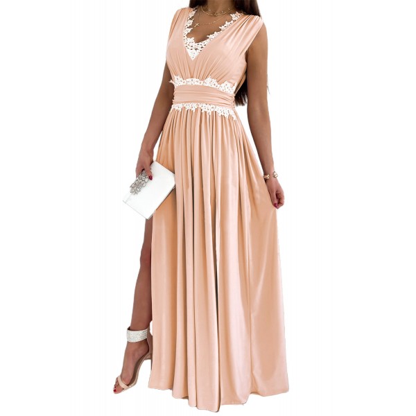 Pink Crochet V Neck Sleeveless Ruched High Waist Maxi Dress