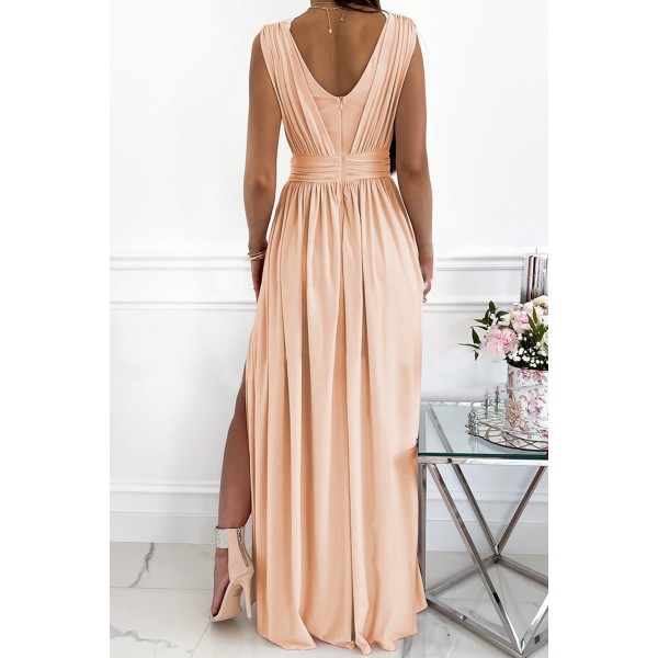 Pink Crochet V Neck Sleeveless Ruched High Waist Maxi Dress