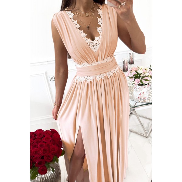 Pink Crochet V Neck Sleeveless Ruched High Waist Maxi Dress