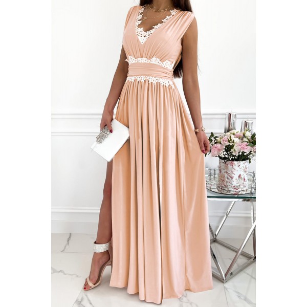 Pink Crochet V Neck Sleeveless Ruched High Waist Maxi Dress