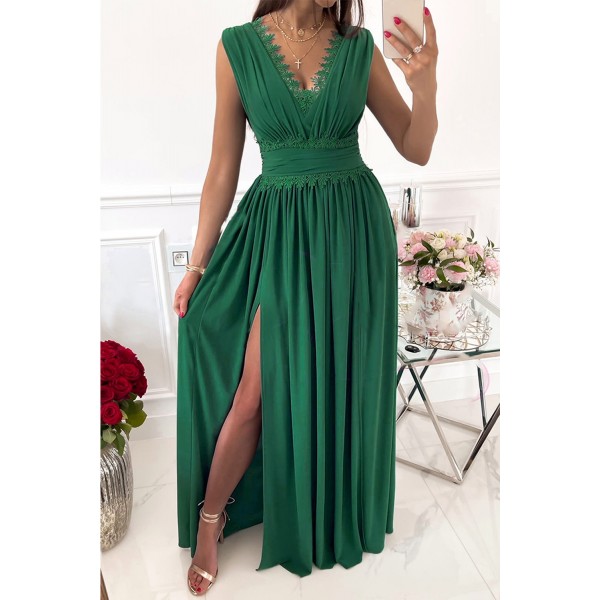 Green Crochet V Neck Sleeveless Ruched High Waist Maxi Dress