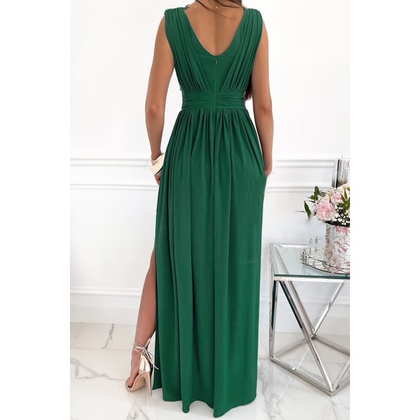 Green Crochet V Neck Sleeveless Ruched High Waist Maxi Dress