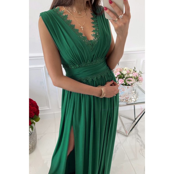 Green Crochet V Neck Sleeveless Ruched High Waist Maxi Dress