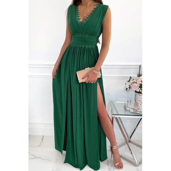 Green Crochet V Neck Sleeveless Ruched High Waist Maxi Dress