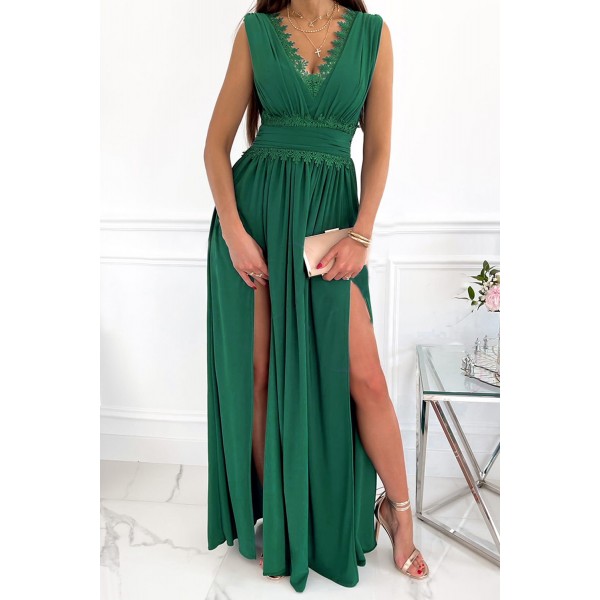 Green Crochet V Neck Sleeveless Ruched High Waist Maxi Dress