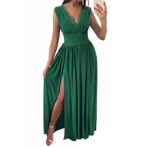 Green Crochet V Neck Sleeveless Ruched High Waist Maxi Dress
