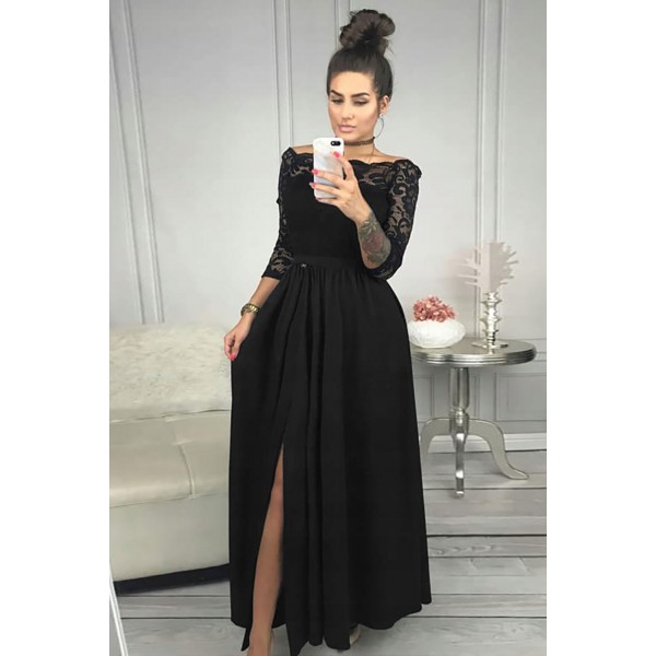 Black Off Shoulder Lace Bodice High Waist Maxi Skirt Evening Dress