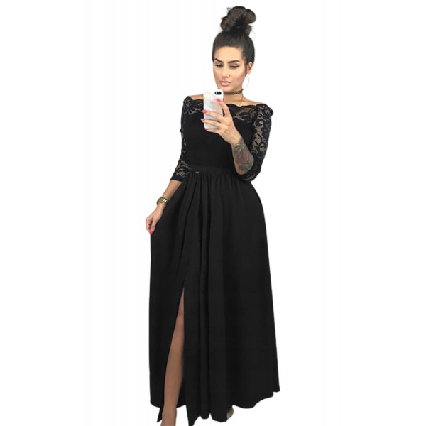 Black Off Shoulder Lace Bodice High Waist Maxi Skirt Evening Dress
