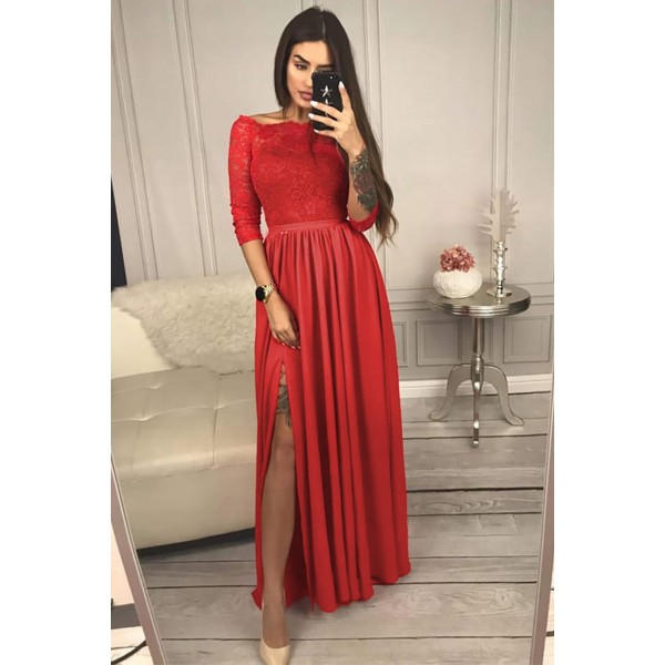Red Off Shoulder Lace Bodice High Waist Maxi Skirt Evening Dress