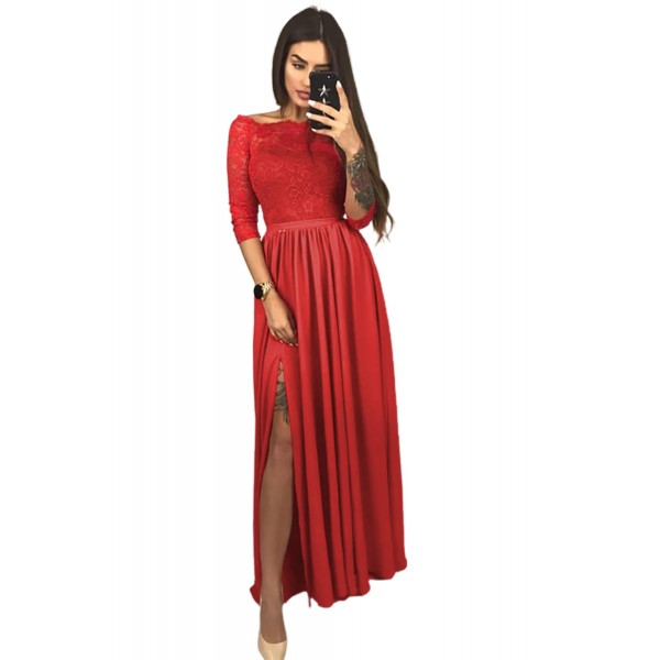 Red Off Shoulder Lace Bodice High Waist Maxi Skirt Evening Dress