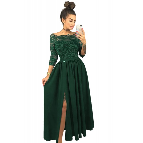 Green Off Shoulder Lace Bodice High Waist Maxi Skirt Evening Dress