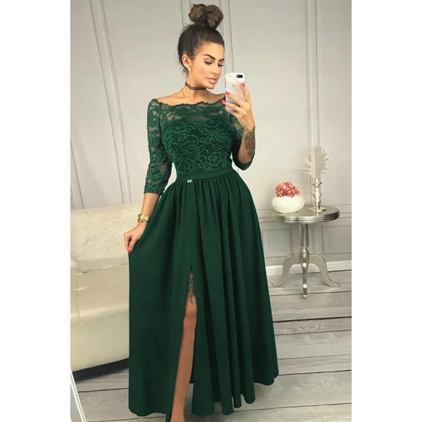 Green Off Shoulder Lace Bodice High Waist Maxi Skirt Evening Dress