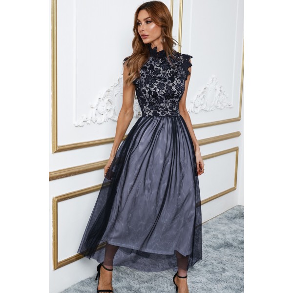 Black High Neck Sleeveless Crochet Lace Mesh Lined Evening Dress