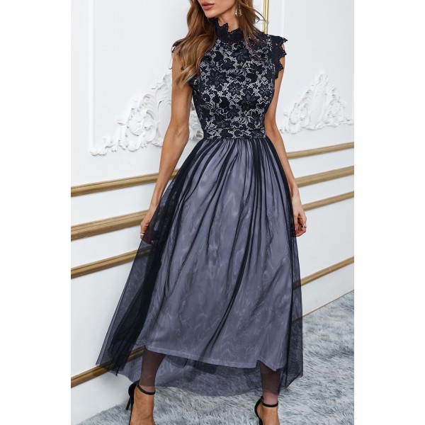 Black High Neck Sleeveless Crochet Lace Mesh Lined Evening Dress