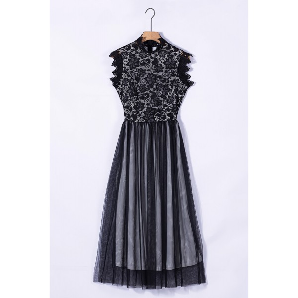 Black High Neck Sleeveless Crochet Lace Mesh Lined Evening Dress
