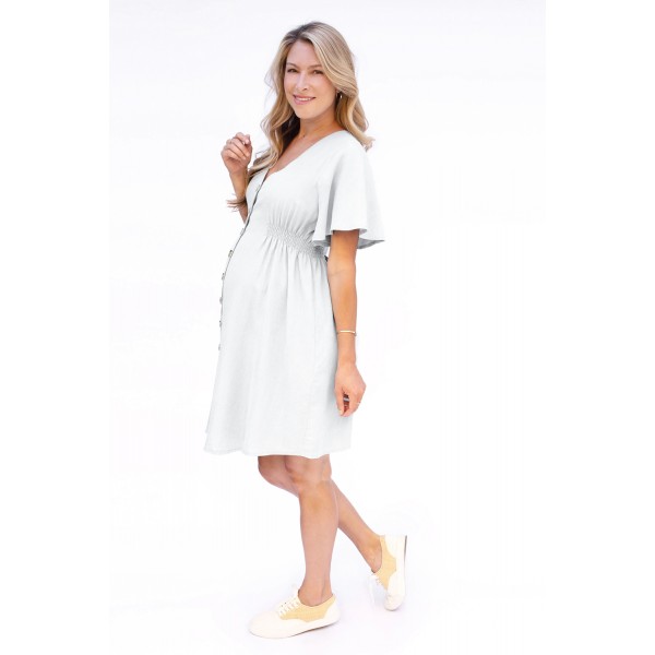 White Flutter Sleeve V Neck Buttoned Maternity Dress