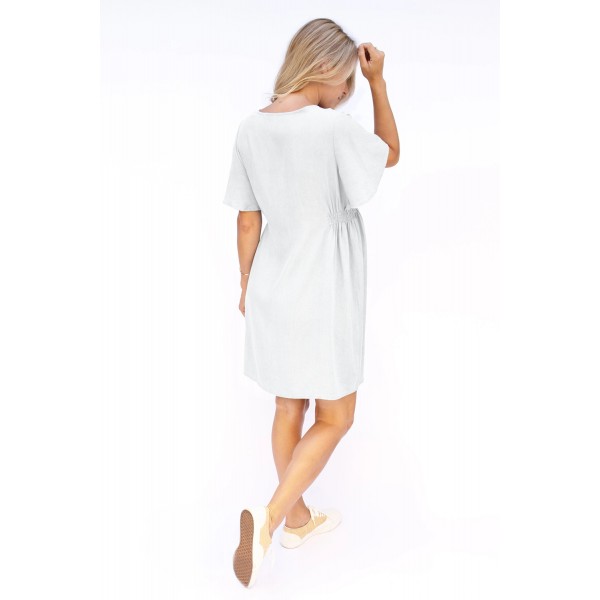 White Flutter Sleeve V Neck Buttoned Maternity Dress