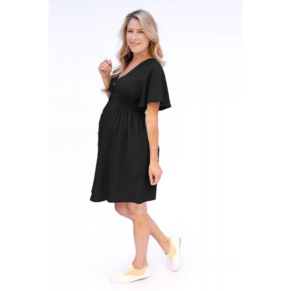 Black Flutter Sleeve V Neck Buttoned Maternity Dress