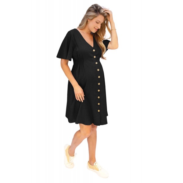 Black Flutter Sleeve V Neck Buttoned Maternity Dress