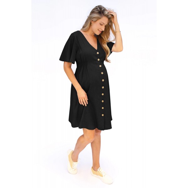 Black Flutter Sleeve V Neck Buttoned Maternity Dress