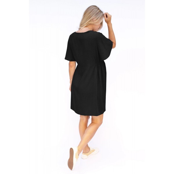 Black Flutter Sleeve V Neck Buttoned Maternity Dress