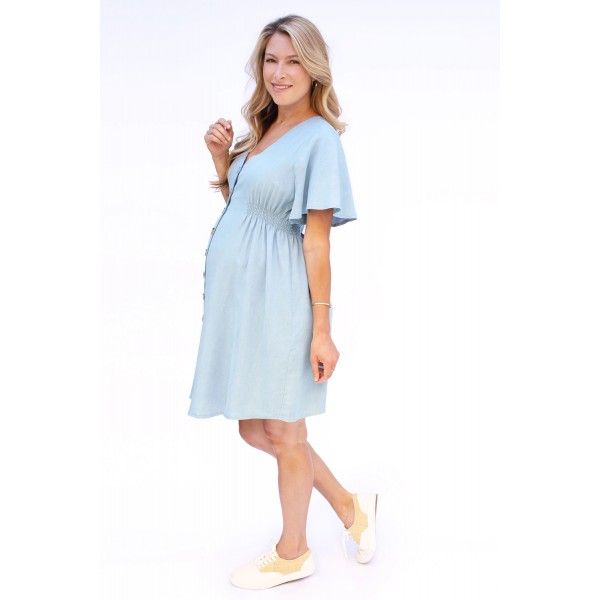 Sky Blue Flutter Sleeve V Neck Buttoned Maternity Dress