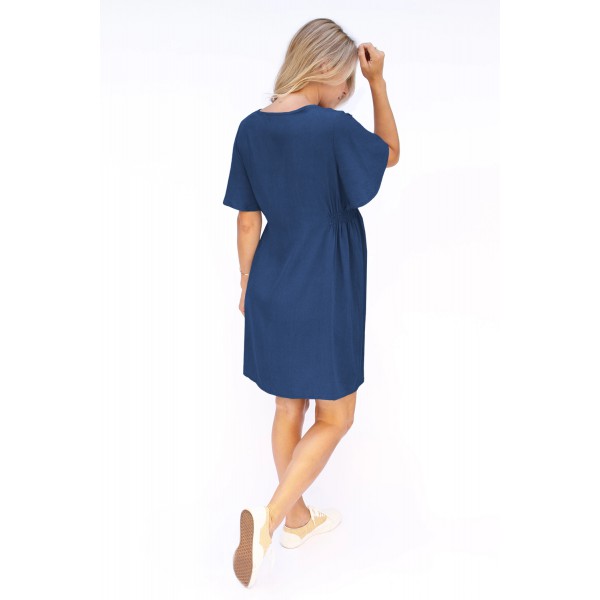 Blue Flutter Sleeve V Neck Buttoned Maternity Dress