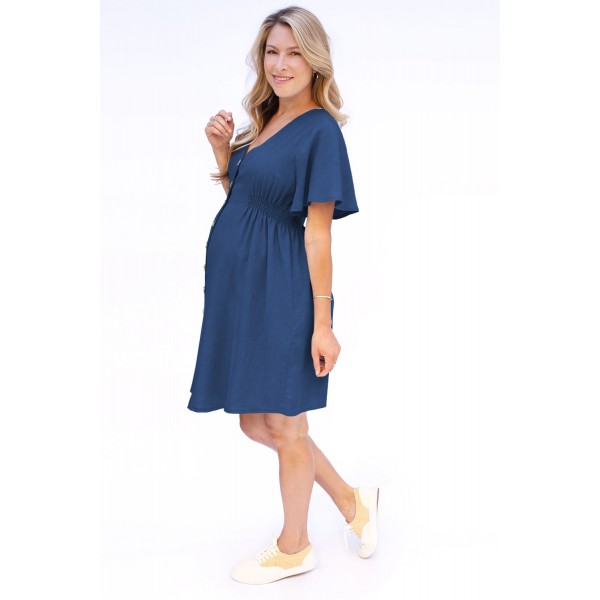 Blue Flutter Sleeve V Neck Buttoned Maternity Dress