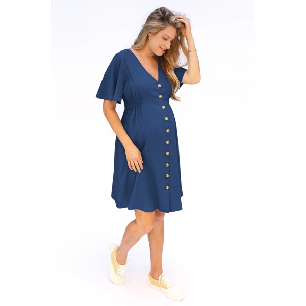 Blue Flutter Sleeve V Neck Buttoned Maternity Dress